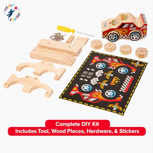 Little Jupiter DIY Wooden Kits w/Stickers - Building Kit - Stem Building Toys - Wood Crafts - Woodworking Kit - Wood Building for Ages 4-7 Yrs (Race Car) - size: Closed Wheel Race Car