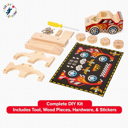 Little Jupiter DIY Wooden Kits w/Stickers - Building Kit - Stem Building Toys - Wood Crafts - Woodworking Kit - Wood Building for Ages 4-7 Yrs (Race Car) - size: Closed Wheel Race Car
