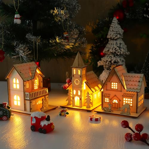 jojofuny 3pcs LED Light up Wooden Christmas House Village Decorations Unfinished Wood Xmas House DIY Wood Chalet Tree Ornaments Christmas Table Centerpieces