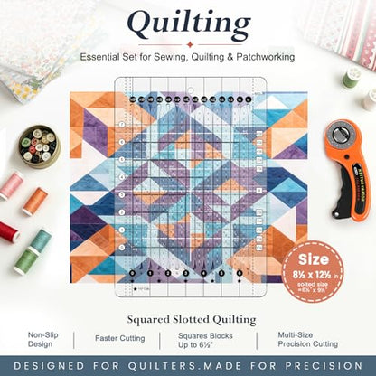 5-in-1 Quilting Ruler- 8.5" x 12.5" Slotted Quilting Ruler, 4mm Acrylic Non-Slip Strip Ruler, 1½" ¼" ⅛" Cuts for Fabric Precise Cutting, Sewing Quilt Strip Rulers Ideal for Beginners & Quilters - size: 8-1/2in x 12-1/2in