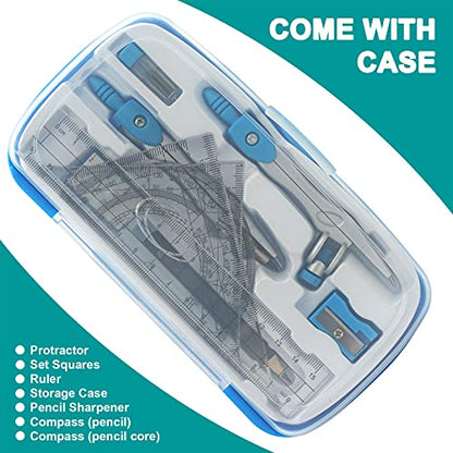 Akuoly Math Compasses Back-to-School Starter Geometry Kit with 2 Drafting Compasses Protractor Set Squares Ruler and More for Students Maths Study Homework, Blue Set with Carry Case