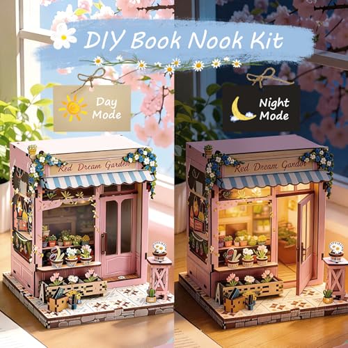 DIY Miniature Dollhouse Book Nook Kit with LED Lights, Mini Bookshelf Insert Decor for Adults & Teens, Creative Craft Gift for Family, Friends & Book Lovers (Pink Flower Shop) - style: Red Dream Garden