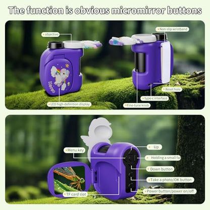 1600X Handheld Microscope for Kids 2" IPS Screen Kit Mini Pocket Digital Microscopes STEM Science with Slides Photo Video Rechargeable Portable Scope Gift for Ages 6-12 (Purple) - color: Purple