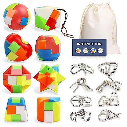 16 Pack Brain Teasers Puzzles for Kids & Adults, Brain Teasers Metal IQ Toys Puzzle Mind Game 3D Coil Cast Wire Unlock Interlock Magic Ball Puzzles for Teenagers