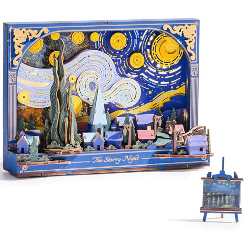 Rowood Starry Night 3D Puzzles for Adults,Mother's Day DIY Wooden Vincent Van Gogh Painting Artwork Craft Kit Building Set with LED,Home Decor Botanical Collection Gift for Family on Christmas - style: The Starry Night