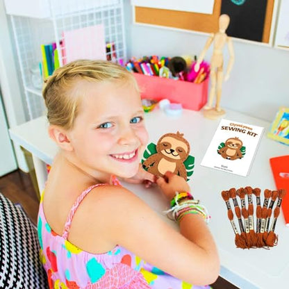 CiyvoLyeen Kids Sewing Kit Crafts – DIY Sloth & Jungle Animal Felt Crafts Sewing Set for Girls & Boys Ages 8–12 Learn to Sew 8 Cute Animal Projects - color: Sloth-8 Pcs