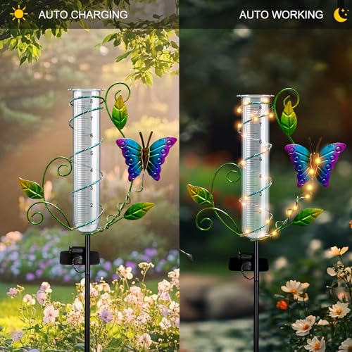 Butterfly Rain Gauge Outdoor, Garden Solar Rain Gauges Waterproof - color: Purple - Butterfly