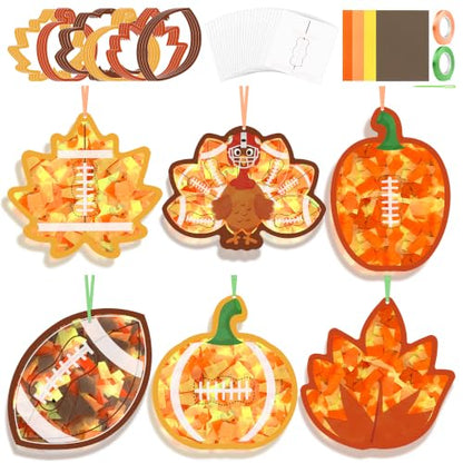 Aneco 24 Sets DIY Fall Football Suncatchers Craft Kit, Fall Tissue Paper Sign Art Crafts Hanging Decor Window Stained Glass Effect for Thanksgiving Party Supplies Holiday Home Activities Party Favors - style: Fall Football