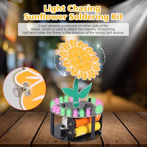 Soldering Learning Kit, ICSTATION Heart Shaped LED Light Soldering Project Light Chasing Sunflower Soldering Practice Kit With RGB LEDDIY Rotating Sunflower Electronic Kit for Teenagers School Student