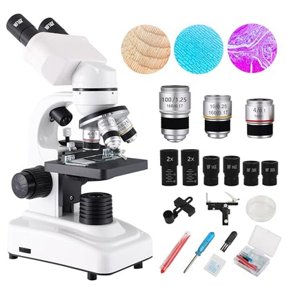 Binocular Microscope for Adults Kids Students, 64X-6000X Microscopes, 3 Objective Lens, Metal-Body Dual LED Illumination, Biological Compound Microscope Kit for School Lab, Homeschool - style: Microscope Kit - 1