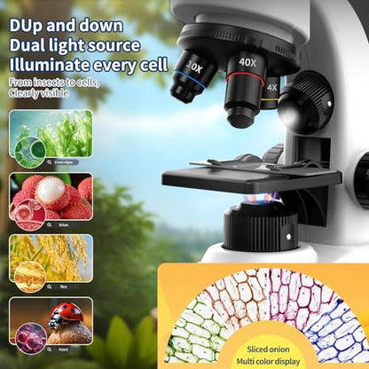 Microscope for Kids Scientific Experiment Kit 40X-1600X Magnification LED Light Educational STEM with Slides and Lab Tools Ages 6-12 (White) - color: White