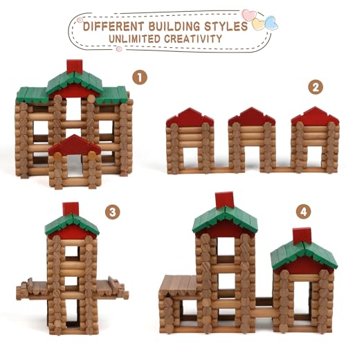 Wondertoys 208 Pcs Wooden Log Set - Classic Building Logs Ages 3+ - Best Retro Building Gift Set for Boys - Creative Construction Engineering Educational Gifts - style: 208PCS Classic