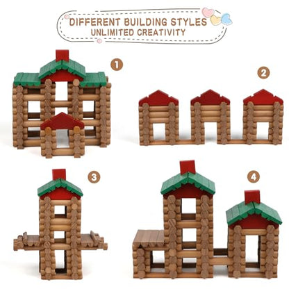 Wondertoys 208 Pcs Wooden Log Set - Classic Building Logs Ages 3+ - Best Retro Building Gift Set for Boys - Creative Construction Engineering Educational Gifts - style: 208PCS Classic