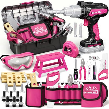 KidBloom Kids Tool Set, 50 Pcs Toddler Tool Set with Kids Tool Belt - color: Pink