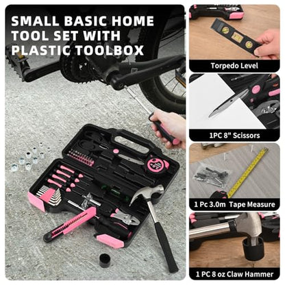 144-Piece Household Tool Set, Pink Tool Kit with Plastic Toolbox - color: Pink, size: 144-Piece