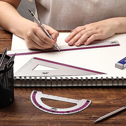 Mr. Pen- Metal Geometry Kit, 4 Pack, 45° & 30°/60° Set Squares - color: Purple Stripes