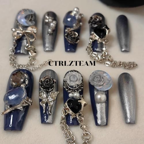 CTRLZTEAM Cyber Gothic Coffin Press on Nails Silver Blue Square Nails - color: Blue Silver, size: M