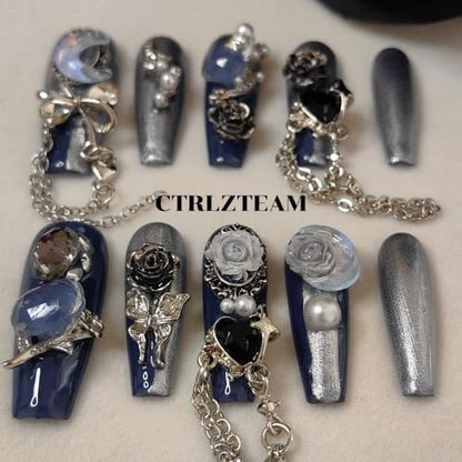 CTRLZTEAM Cyber Gothic Coffin Press on Nails Silver Blue Square Nails - color: Blue Silver, size: M