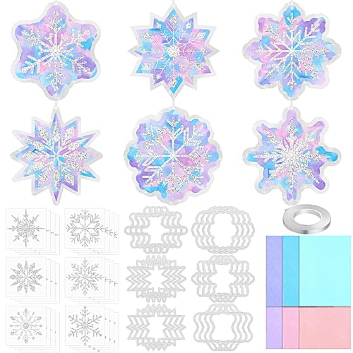 Aneco 24 Sets Winter Snowflake Crafts Kits Glitter Frozen Paper Tissue Sign Craft Christmas Tree Hanging Decorations for Party Holiday DIY Home Activities - style: Winter Snowflake