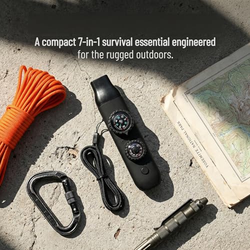 7-in-1 Emergency Survival Safety Whistle with Compass & Thermometer, High-Strength ABS Kids Whistle for Hiking, Camping, Boating, Kayaking, Loud Survival Gear with Lanyard & LED Signal Light