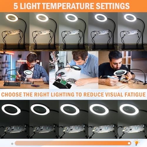 Soldering Helping Hands 12X Magnifying Glass with light and Stand PCB Holder, Drdefi Soldering Station Third Hand Tools Magnifier with Thickening Alligator Clip Large Magnetic Base for Repairing - size: Large Base