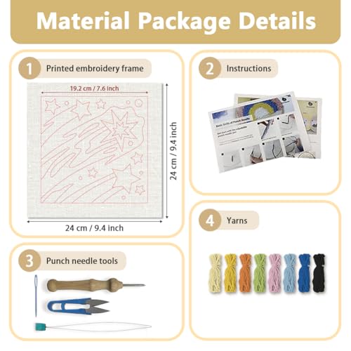 DOODLREAM Shooting Star DIY Punch Needle Embroidery Kit for Adult Beginner, 9.4" Starry Sky Punch Stitching Craft Set for Starter with Frame,Fabric Pattern,Threader, Yarn, Pinch Needle - color: Shooting Star