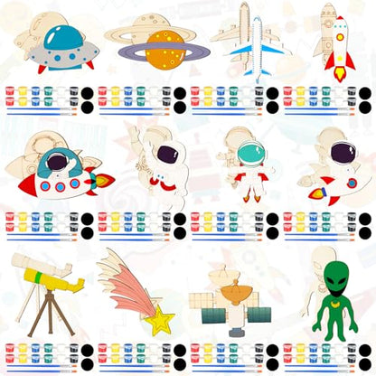 JellyArch 24 Pcs Unfinished Wood Cutouts Space Paint Kit Set and DIY Crafts for Classroom School Birthday Gifts Paint Your Own Painting Bulk Kits and Crafts - style: Space