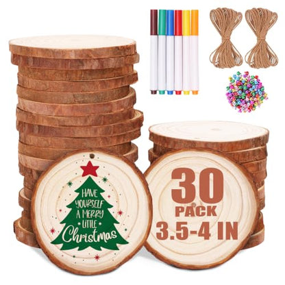 Max Fun Natural Wood Slices 30PCS 3.5-4'' Crafts DIY Wooden Christmas Ornaments Unfinished Predrilled Round Wood Circles for Arts and Crafts Centerpieces Holiday Hanging Decorations - size: 3.5"-4"