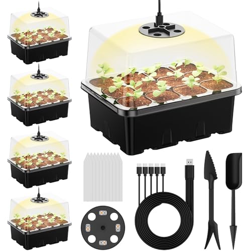 Seed Starter Tray with Grow Light, 5 Pack 60 Cells Seed Starter kit with Humidity Dome and Base, Plant Seedling Trays Indoor Greenhouse Gardening (Black 5 Pack) - color: Black 5 Pack