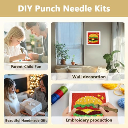 DOODLREAM Yummy Hamburger DIY Punch Needle Embroidery Kit for Adult Beginner, 9.4" Cartoon Burger Fast Food Punch Stitching Craft Set for Starter with Frame Fabric Pattern Threader Yarn Pinch Needle - color: Hamburger