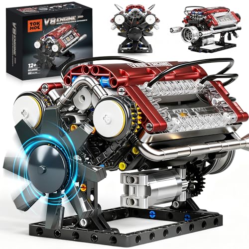 V8 Engine Building Blocks Sets, V8 Engine Model Kit, Runnable Model Engine Building Sets, Mini Engine Kits with Crankshaft & Rotating Fan, for Adults & Kids