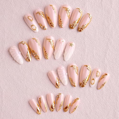 Almond Press on Nails Short Nude Fake Nail Golden Embossed Acrylic Nail Press ons Water Drop Stick on Nail for Women 24pcs - color: Color23