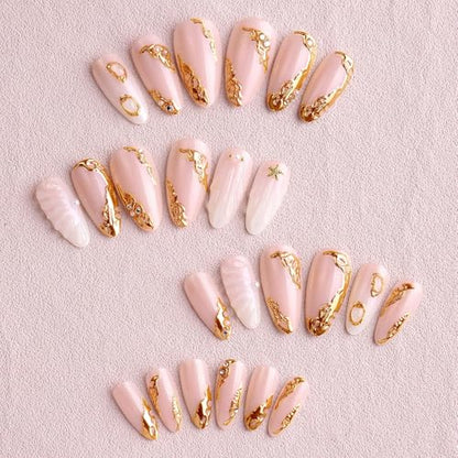 Almond Press on Nails Short Nude Fake Nail Golden Embossed Acrylic Nail Press ons Water Drop Stick on Nail for Women 24pcs - color: Color23