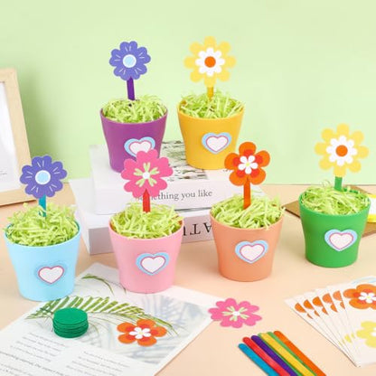 AHANDMAKER Flower Pot Painting Craft Kit Flower Plant Spring Crafts with Stickers Blank Labels Filling Grass DIY Plant Growing Kit for Classroom Home Art Activities