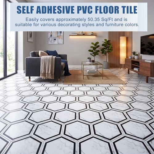 60 Pcs Hexagon Peel and Stick PVC Flooring Tile with Tool Kit