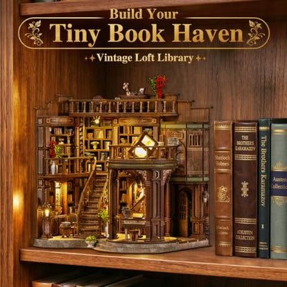 DIY Miniature House Kit for Adults, Tiny Dollhouse Book Nook Kit Bookshelf Crafts Decor, 3D Wooden Puzzle, Gifts for Family Friends Adults Teens, Dream Book Loft