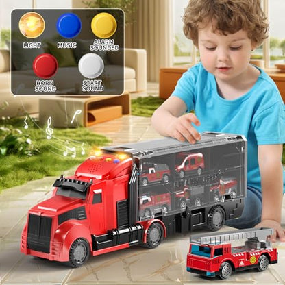 NIPLOOOW Fire Trucks Toy Set with Play Mat, Carrier Truck Play Vehicles Set for 3 4 5 6 Years Old Boys Kids, Die-Cast Car Toy for Toddlers 3-4 Years, Birthday Gifts Toys for 3-9 Year Old Boys - style: Fire Car