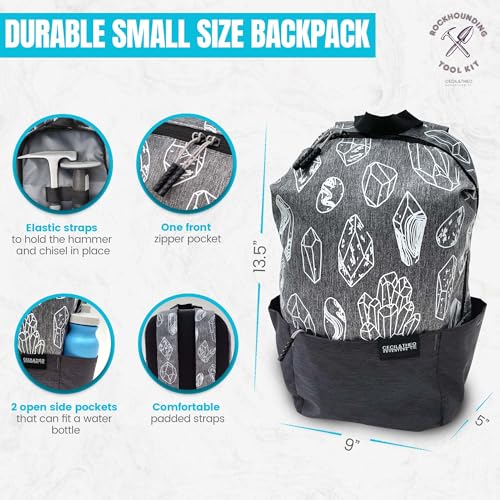 Rockhounding Tool Kit for Teens & Adults - Rock Collecting Equipment Essentials - Rock Pick Hammer & Chisel - 6 Piece Outdoor Geology Set - Mining Tools w/Small Rock Hounding Backpack, Gray