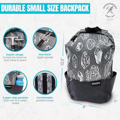Rockhounding Tool Kit for Teens & Adults - Rock Collecting Equipment Essentials - Rock Pick Hammer & Chisel - 6 Piece Outdoor Geology Set - Mining Tools w/Small Rock Hounding Backpack, Gray