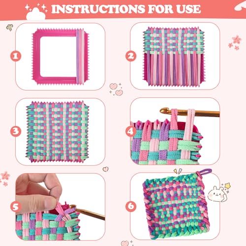 huoszpk Weaving Loom Kit-Includes 2 Pcs 7" Potholder Frame,400 Pcs Weaving Loom Loops,2 Long Crochet Hooks and Bag-Potholder Loom Knitting Kits and Gifts for Beginners, Make 11 Masterpieces