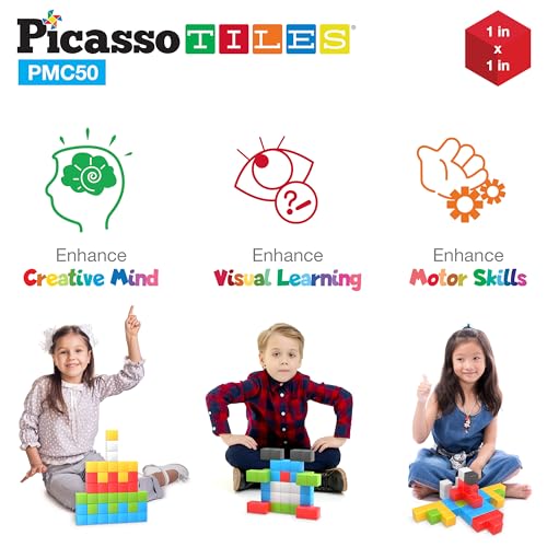 PicassoTiles Kids Pixel 1” Magnetic Puzzle Cube Mix & Match with Free Ideabook Sensory Toys STEAM Learning Building Block Magnets Construction Toy Set Stacking Magnet Creative Kit - style: 50pc