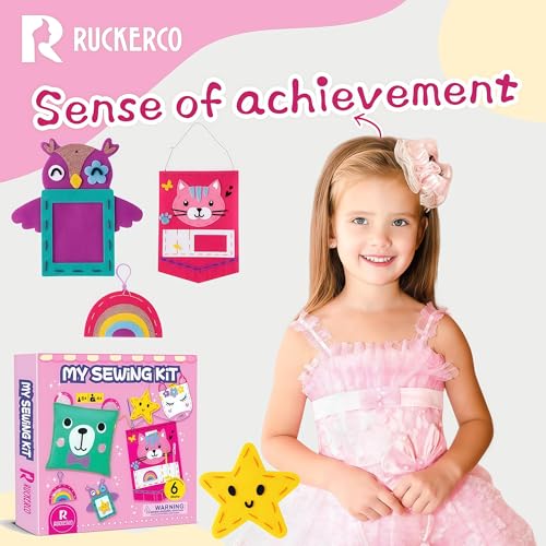 R RUCKERCO Sewing Kit for Kids Ages 4-8, My First Sewing Kit with 6 Easy DIY Felt Projects, Learn to Sew Beginner Arts and Crafts, Stuffed Animal & Pillow Craft Gift for Girls Boys Ages 6-10