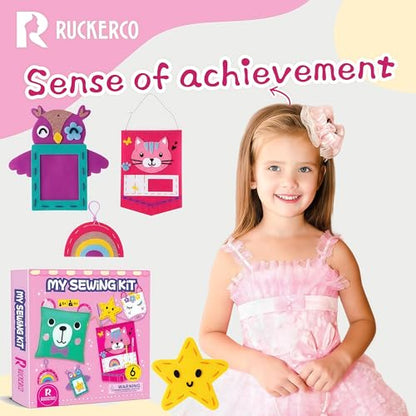 R RUCKERCO Sewing Kit for Kids Ages 4-8, My First Sewing Kit with 6 Easy DIY Felt Projects, Learn to Sew Beginner Arts and Crafts, Stuffed Animal & Pillow Craft Gift for Girls Boys Ages 6-10