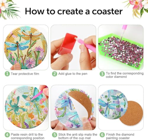 8 PCS Dragonfly Diamond Art Coasters with Holder,Diamond Painting Coasters - color: Dragonfly