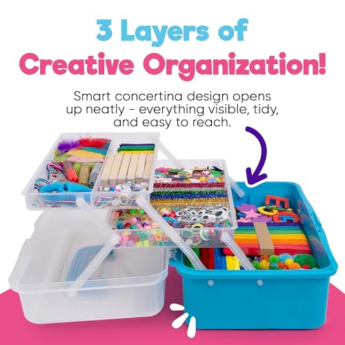 Blue Squid Arts & Crafts Box (Blue)- 2800+ pcs Deluxe Craft Supplies Box, 2 Drawers, 18 Compartments, Sturdy Handle - Art Crafting Kit Birthday Gifts for Kids, School Supply for Ages 4-12 - color: Craft Box Blue