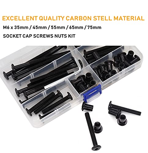 50pcs M6x35 /45/55/65/ 75mm Black Zinc Plated Hex Drive Socket Cap Bolts Barrel Nuts Assortment Kit, Furniture Joint Connector Bolts, Rivet Bolts Dowel Nuts, Countersunk Screw Post Fit - size: 35mm/45mm/55mm/65mm/75mm 50pcs