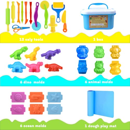 Dough Tool Set, 31 Pcs Basic Dough Tools Kits for Kids, Dough Accessories Includes Storage Container, Mat, 3D Animal, Cutters Roller, Rolling Pins, Safety Scissors