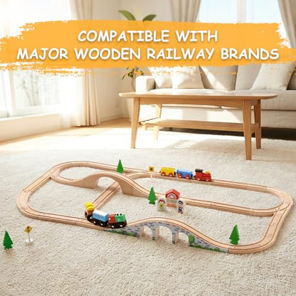 SainSmart Jr. 9 Pcs Wooden Train Track Expansion with Bridge, Wood Train Track Pieces Compatible with Thomas, Brio, Chuggington – Sturdy Hardwood for Long-Lasting Play, Ideal Gift for Kids 3-7