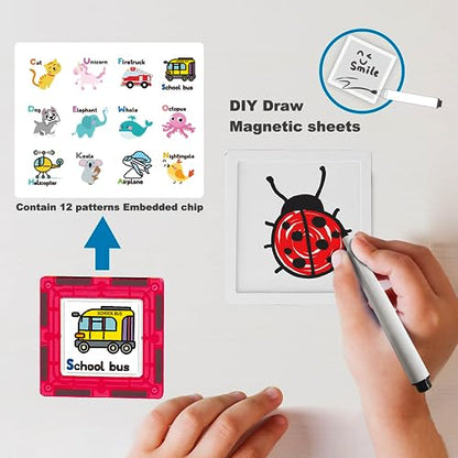 PicassoTiles 100PC Magnetic Tiles Construction Building with Carrying Case Included Block Set with Car, 8 Sets of Characters and Base Whiteboard Marker Playset Toy Kit for Boys & Girls Ages 3+ PB01 - color: 100pcs