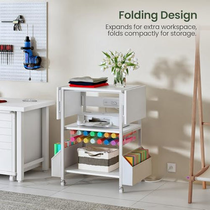 CHOEZON Foldable Heat Press Table with Charging Station, Movable Heat Transfer Stand with Vinyl Roll Holder and Storage Pockets, Mobile Workbench for DIY Sublimation Transfer, White TPS03UWB - color: White